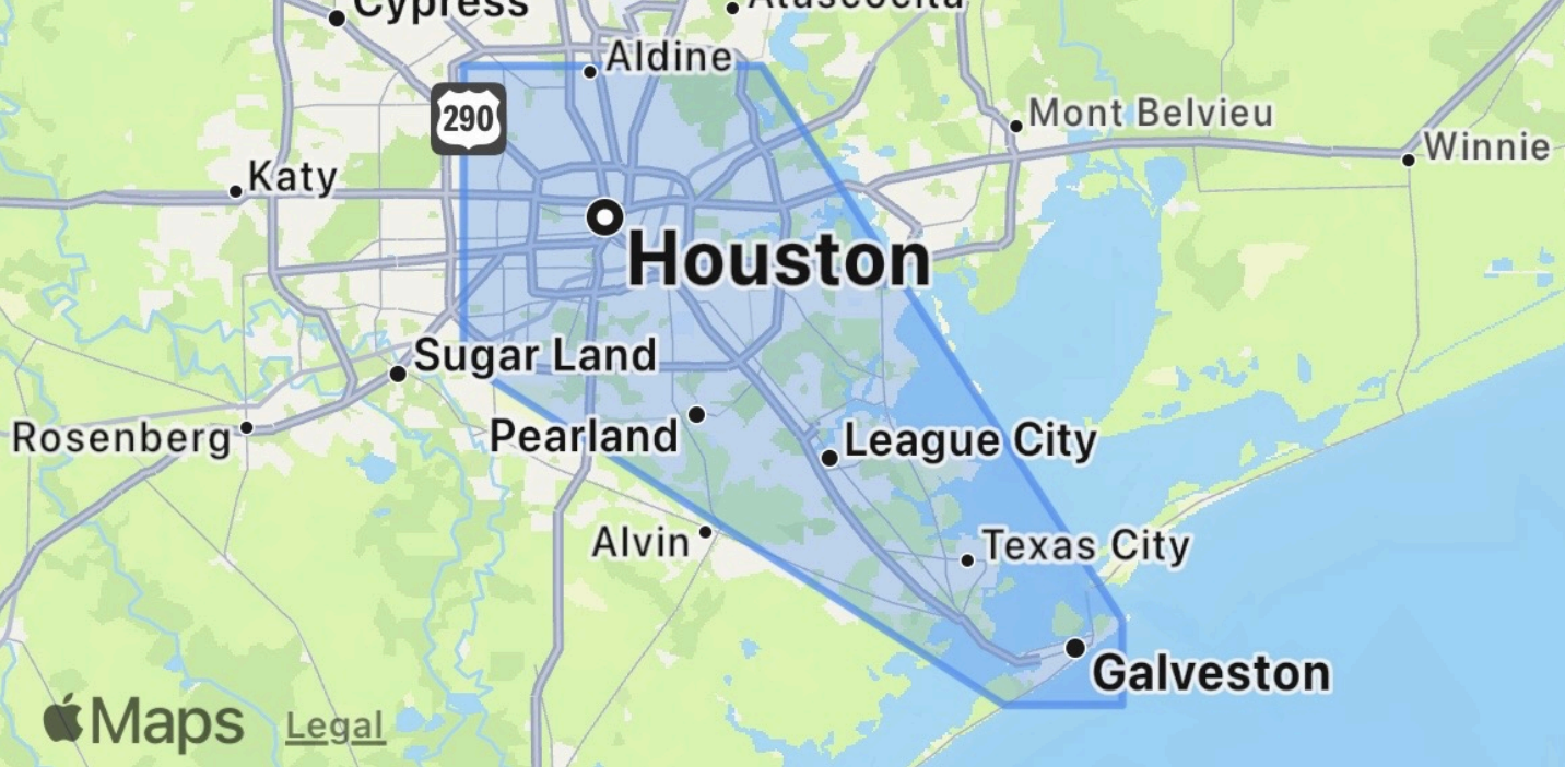 2Cool HVAC service area map covering Houston, Webster, Seabrook, Friendswood, Alvin, and Galveston along the I-45 corridor